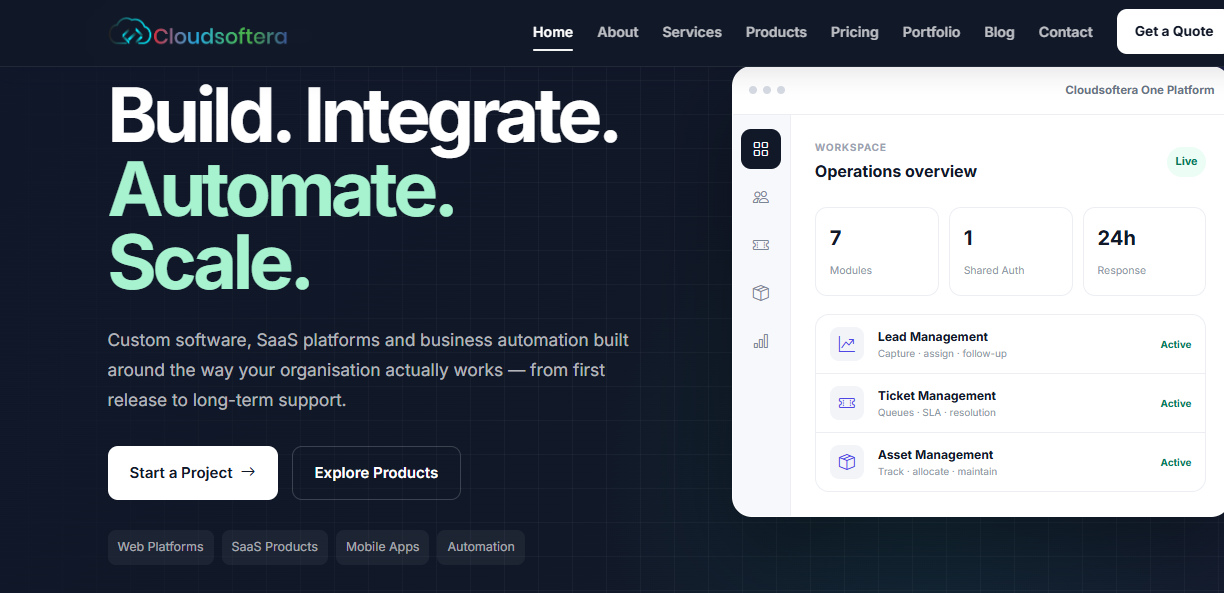 Cloudsoftera platform website preview showcasing software modules