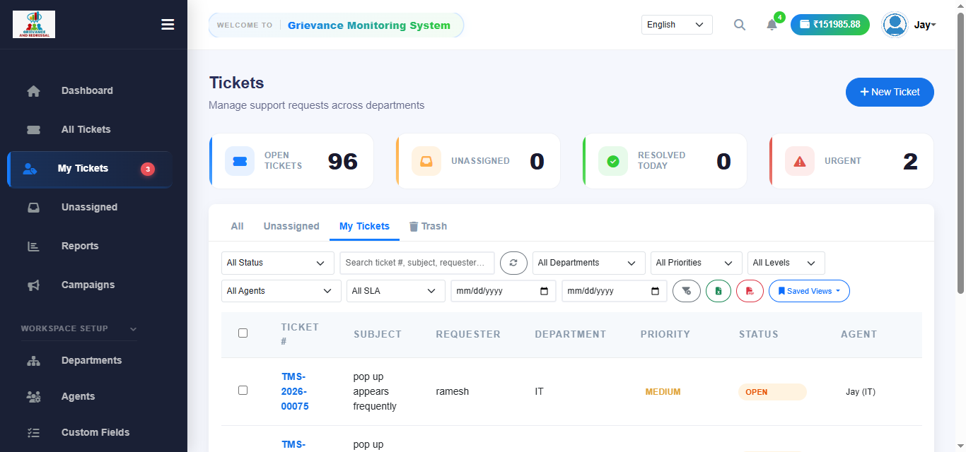 Ticket Management System showing ticket list, filters, priorities and assignments